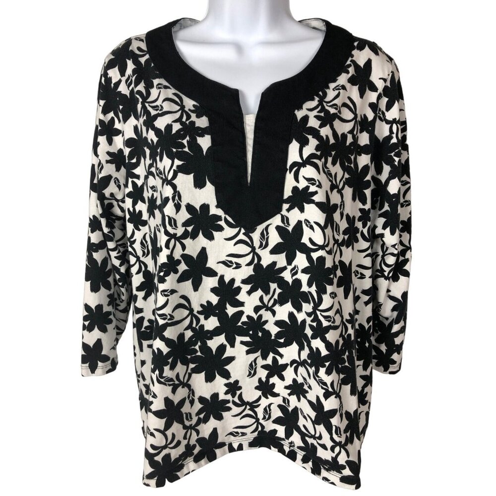 White Stags Top Women Size XL 16 to 18 Black White Floral Scoop Neck 3/4 Sleeves
